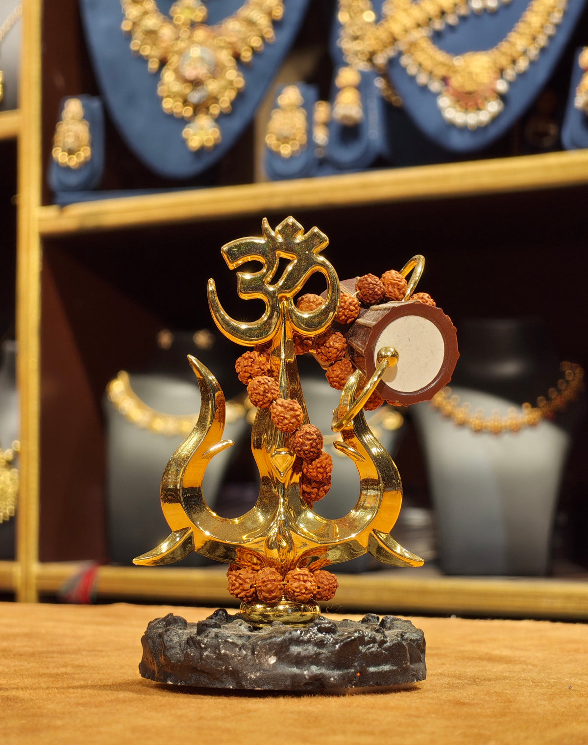 Golden Shiva Trishul with Damru & Om Idol – Rudraksha Mala & Stone-Textured Base Car Dashboard Showpiece