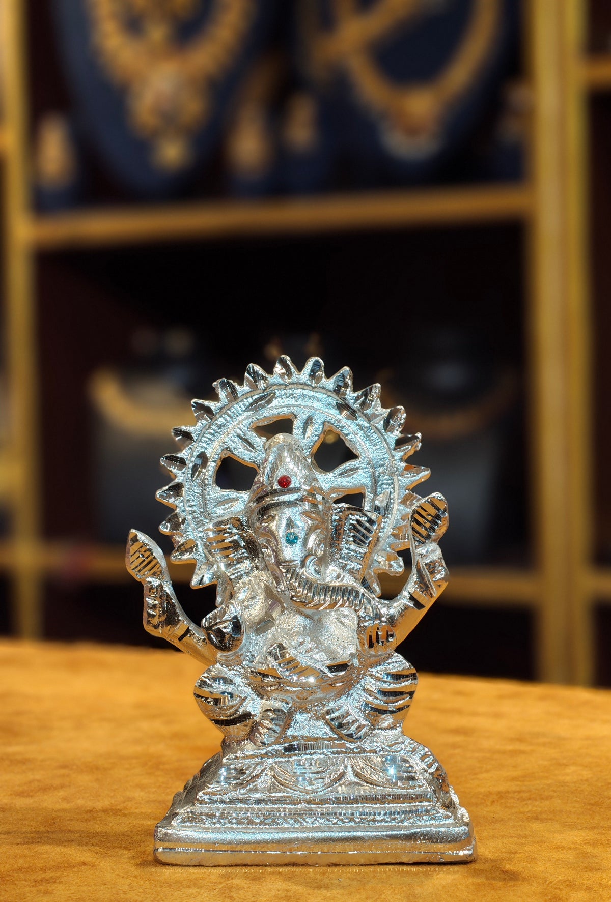 Silver-Plated Lord Ganesha Idol with Sun Halo (Prabhavali) & Stone Detailing – Handcrafted Deity Statue for Home Mandir & Gifting