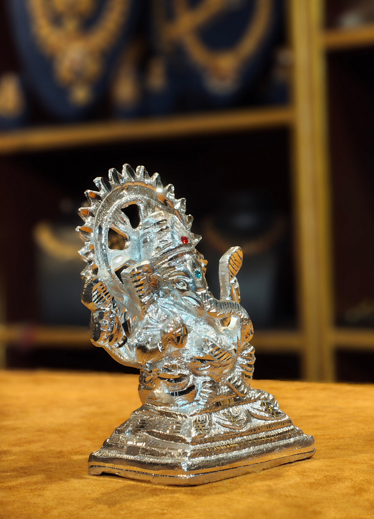 Silver-Plated Lord Ganesha Idol with Sun Halo (Prabhavali) & Stone Detailing – Handcrafted Deity Statue for Home Mandir & Gifting