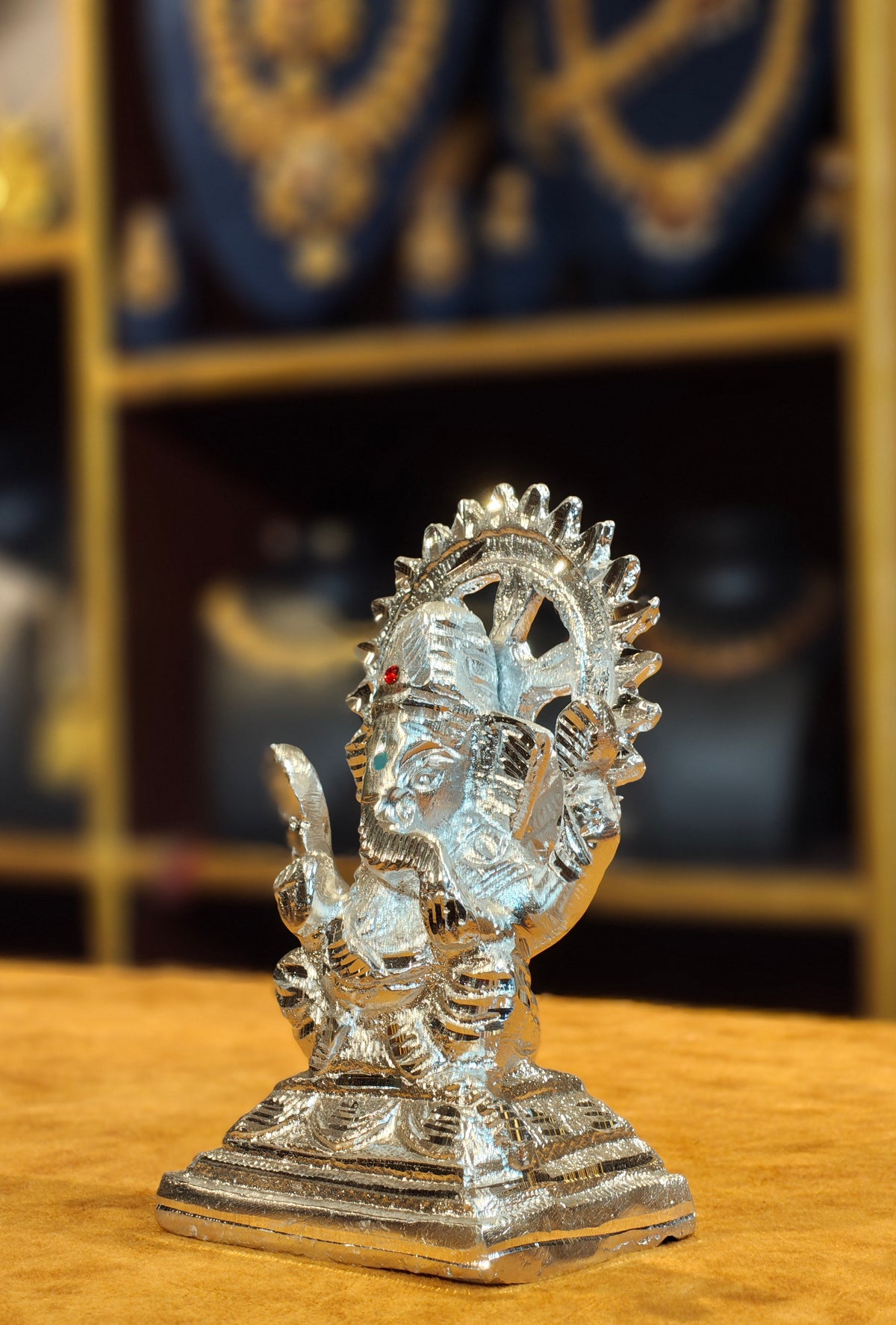 Silver-Plated Lord Ganesha Idol with Sun Halo (Prabhavali) & Stone Detailing – Handcrafted Deity Statue for Home Mandir & Gifting