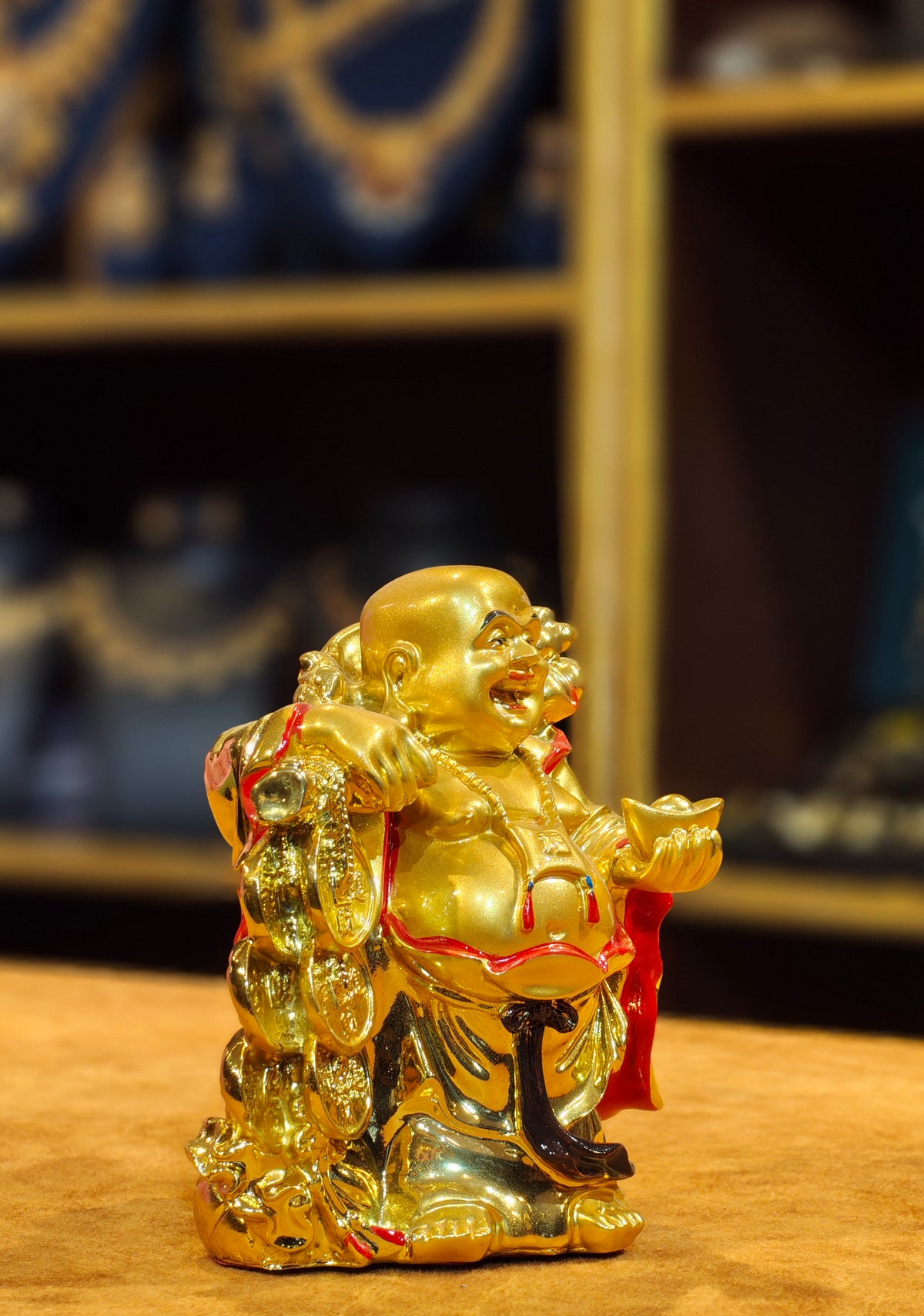 Golden Laughing Buddha Idol with Wealth Coins & Ingot – Feng Shui Good Luck Figurine