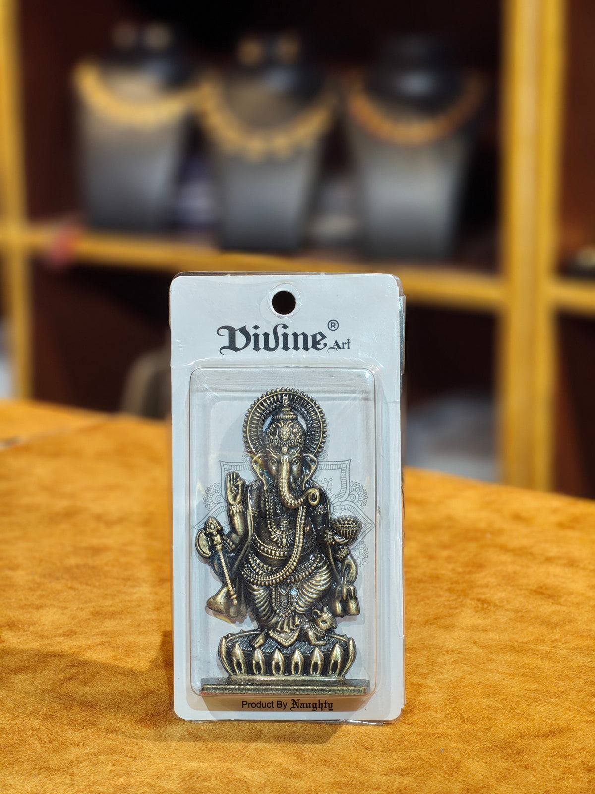 Divine Art Standing Ganesha Idol on Lotus Base – Antique Brass Finish Car Dashboard & Mandir Statue