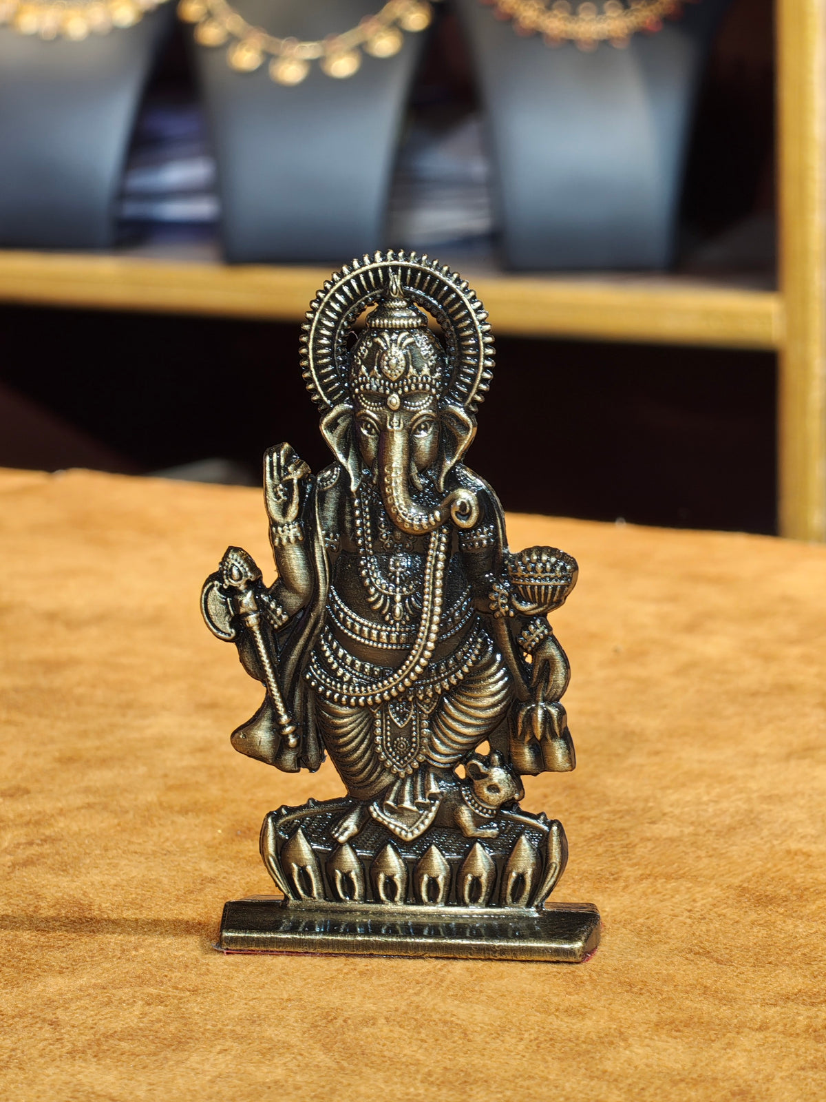 Divine Art Standing Ganesha Idol on Lotus Base – Antique Brass Finish Car Dashboard & Mandir Statue
