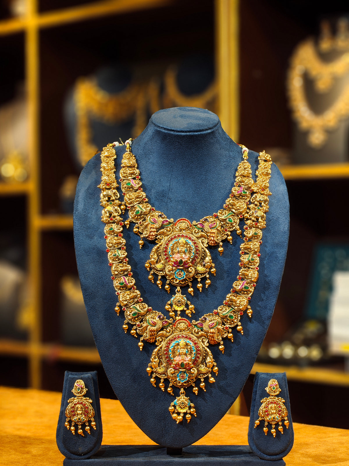 Antique Matte Gold Meenakari Temple Bridal Jewelry Set – Lakshmi Short Necklace, Long Haram & Matching Earrings