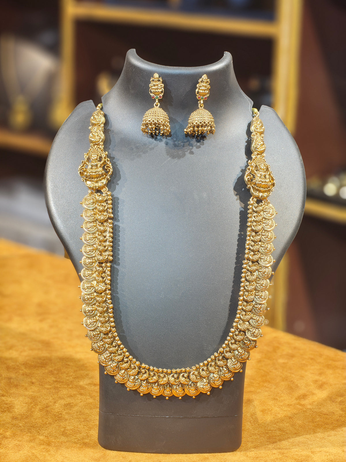 Traditional Antique Matte Gold Double-Line Kasu Mala Long Haram – Goddess Lakshmi Coin Necklace with Matching Jhumkas