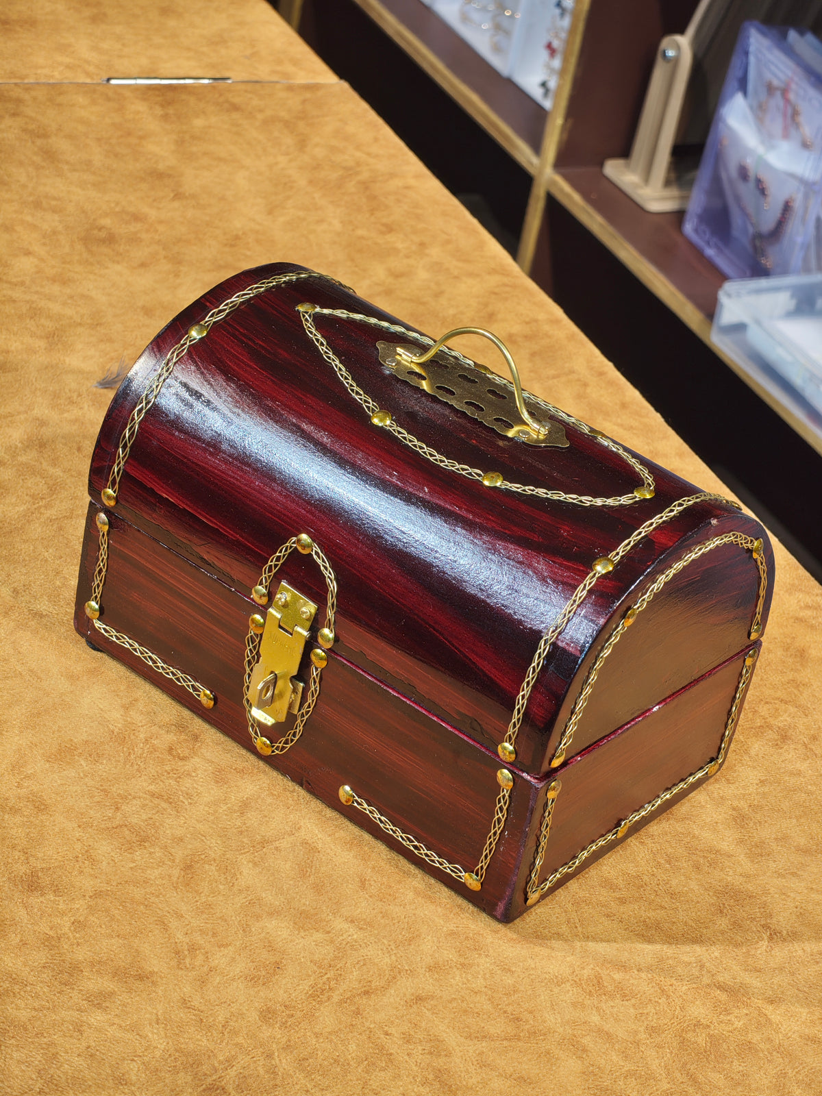 Handcrafted Vintage Wooden Treasure Chest Jewelry Box – Dome-Lid Keepsake Box with Brass Wire Inlay & Crimson Velvet Lining