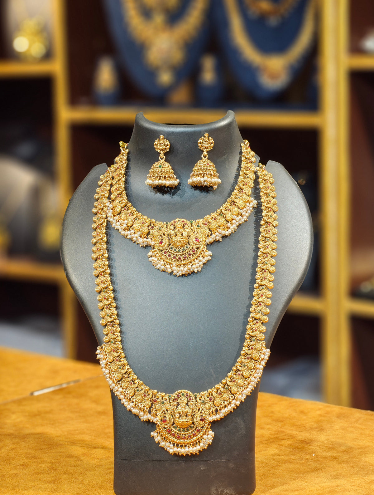 Antique Matte Gold Temple Bridal Jewelry Set – Goddess Lakshmi Choker, Long Haram & Guttapusalu Pearl Jhumkas