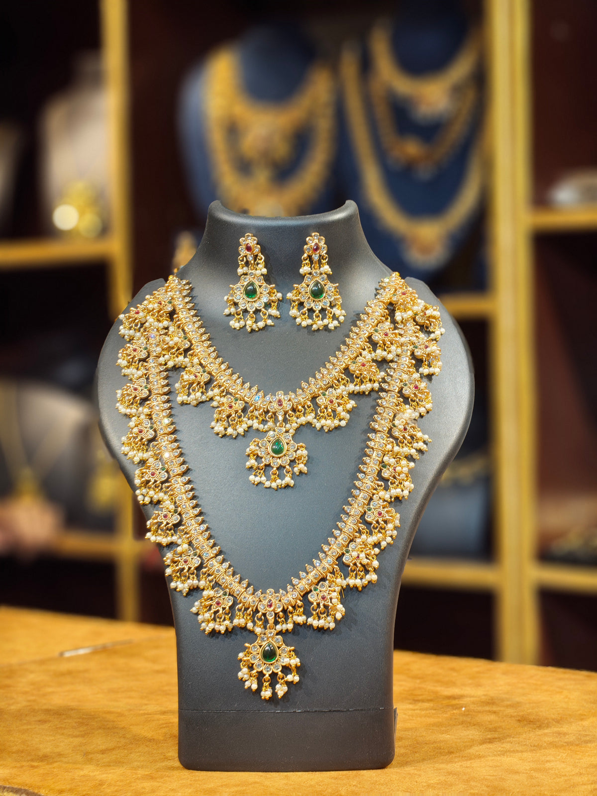 Royal Antique Gold Guttapusalu Bridal Jewelry Set – CZ & Kemp Studded Short Necklace, Long Haram & Drop Earrings