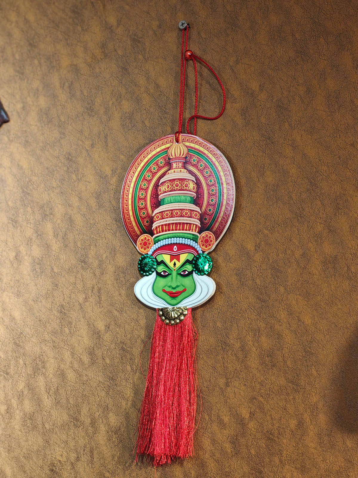 Handcrafted Kerala Kathakali Face Wall & Door Hanging with Crimson Silk Tassel – Traditional Paccha Character Classical Dance Cultural Art Decor