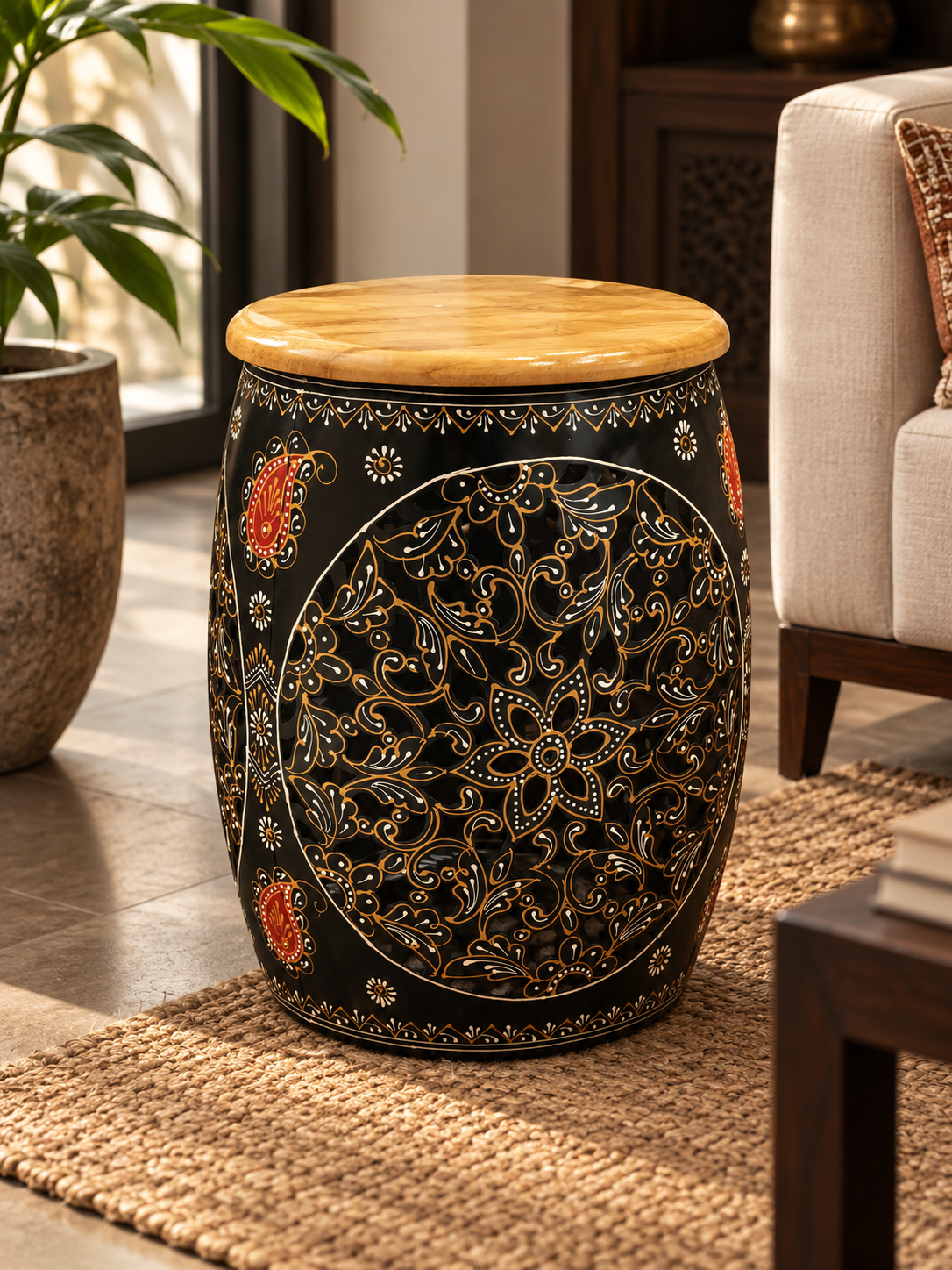 Ornamental Metal & Wood Stool – Black and Gold Heritage Design