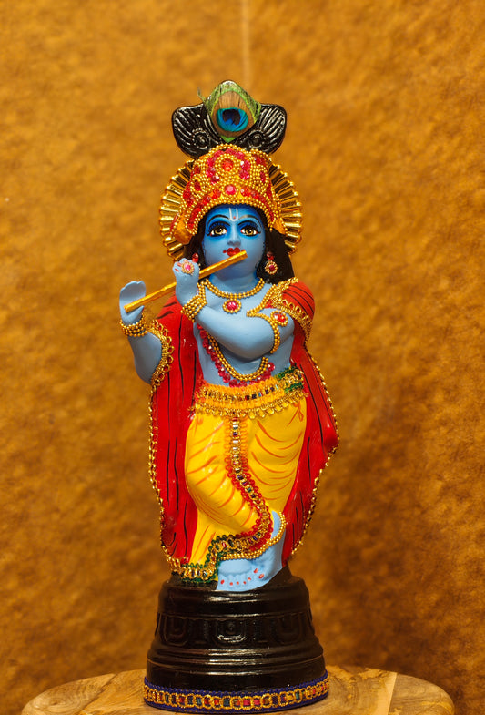 "The Celestial Flutist" Hand-Painted Blue Lord Krishna Statue with Peacock Feather Crown