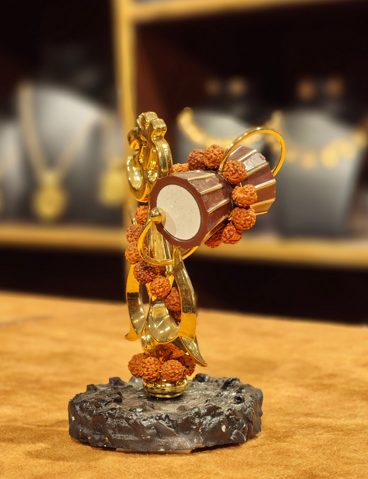 Golden Shiva Trishul with Damru & Om Idol – Rudraksha Mala & Stone-Textured Base Car Dashboard Showpiece
