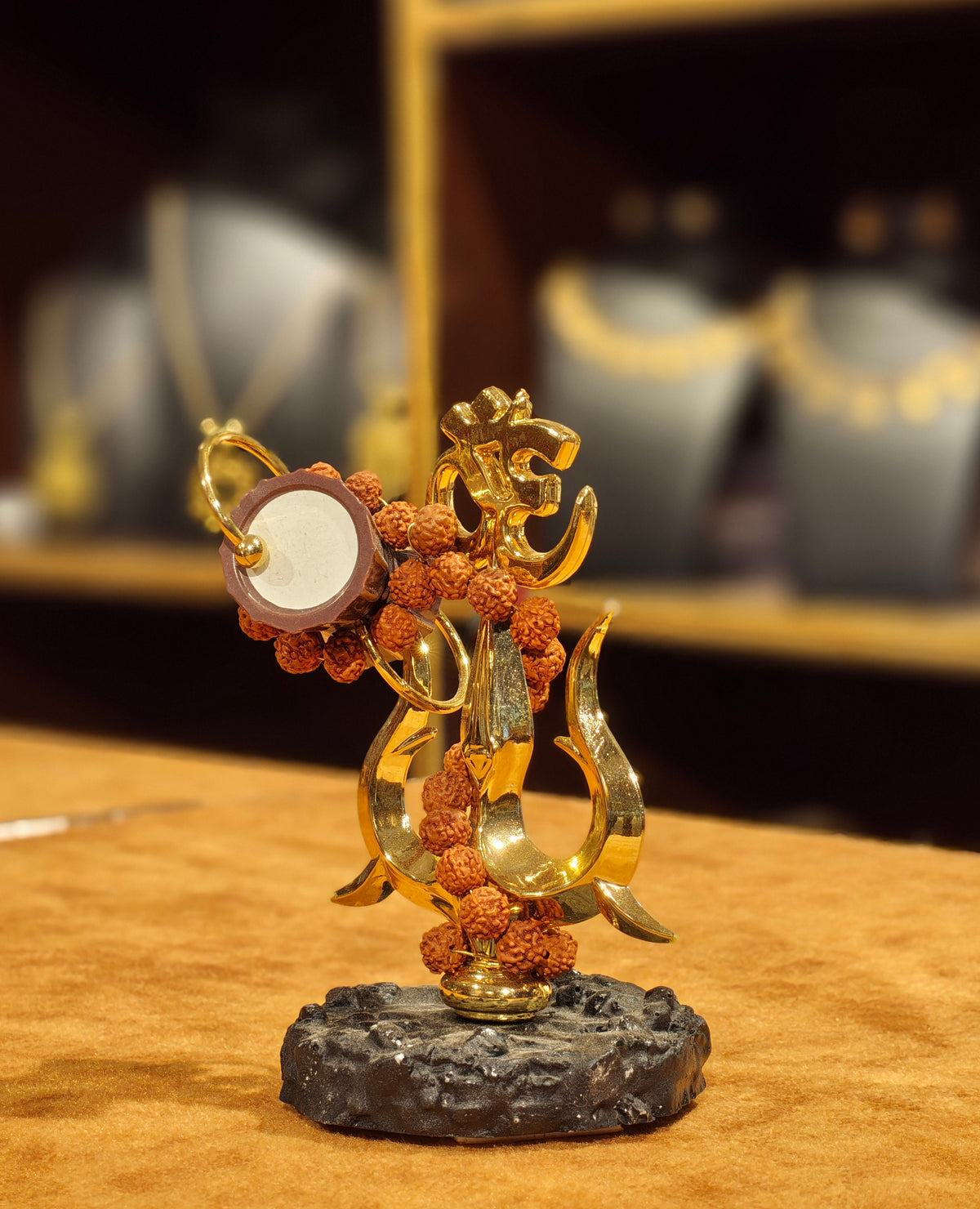Golden Shiva Trishul with Damru & Om Idol – Rudraksha Mala & Stone-Textured Base Car Dashboard Showpiece