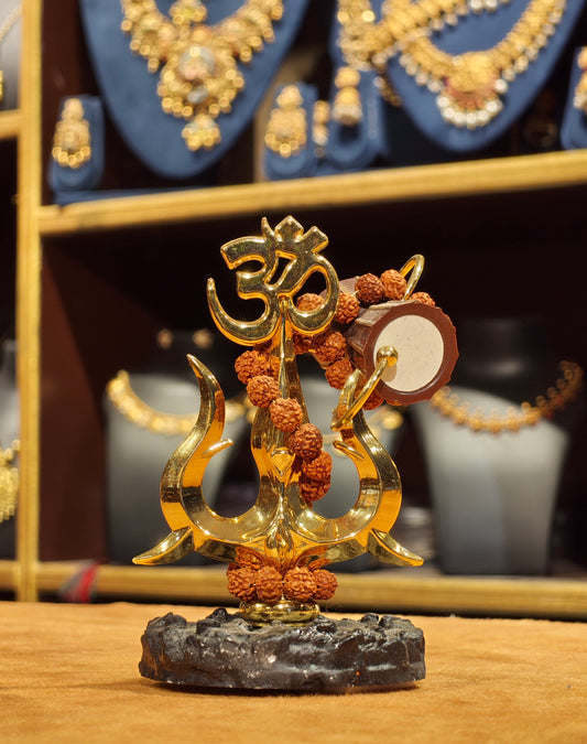 Golden Shiva Trishul with Damru & Om Idol – Rudraksha Mala & Stone-Textured Base Car Dashboard Showpiece
