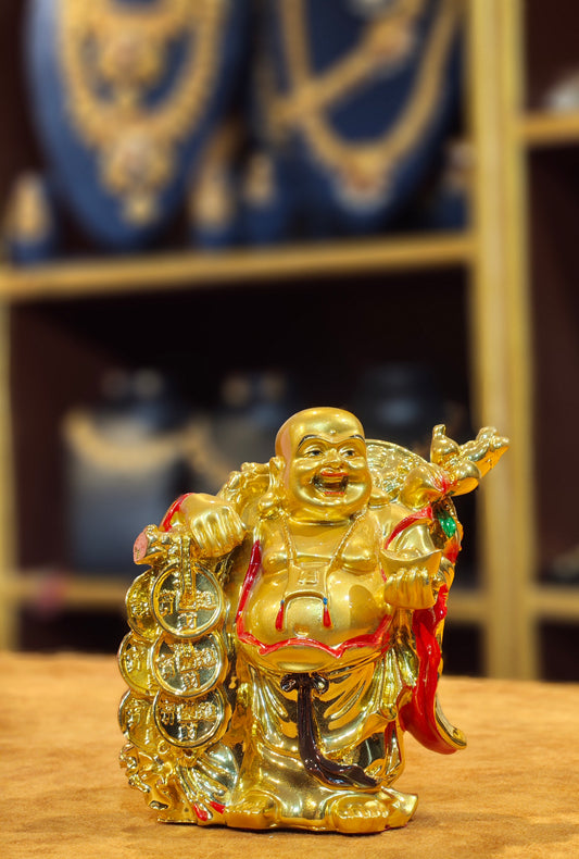 Golden Laughing Buddha Idol with Wealth Coins & Ingot – Feng Shui Good Luck Figurine