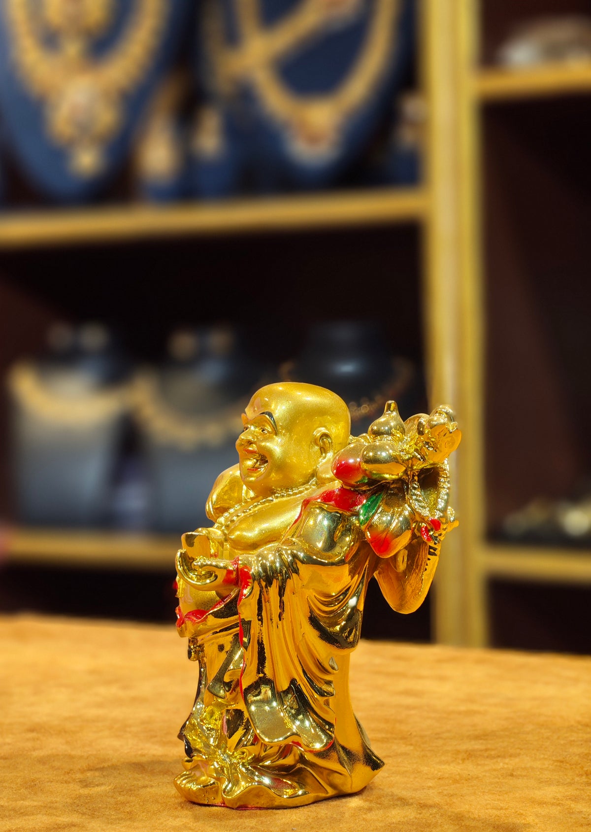 Golden Laughing Buddha Idol with Wealth Coins & Ingot – Feng Shui Good Luck Figurine