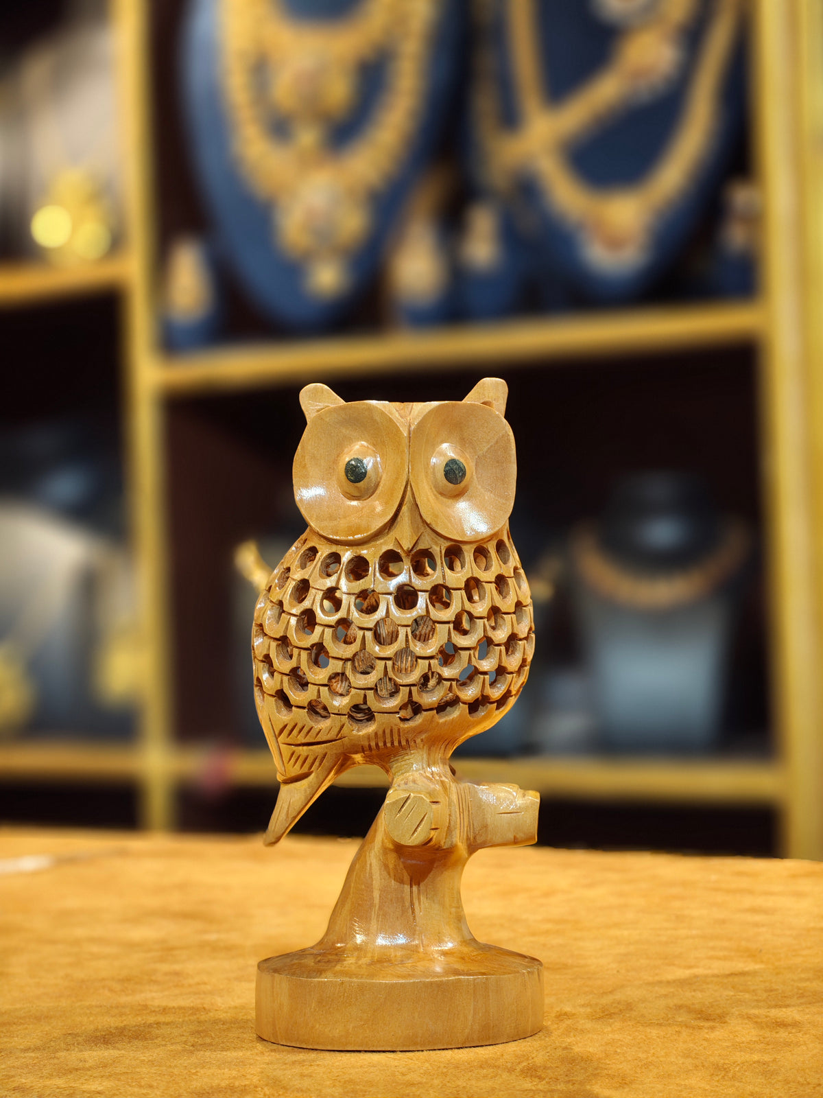 Handcrafted Wooden Owl Figurine with Undercut Baby Owl (Jali Work Statue)
