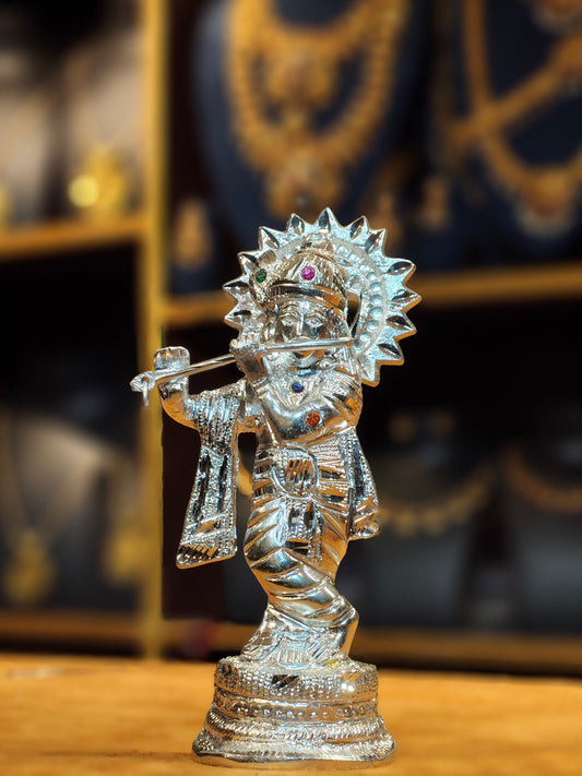 Silver-Plated Lord Krishna Idol with Flute & Colored Stone Embellishments