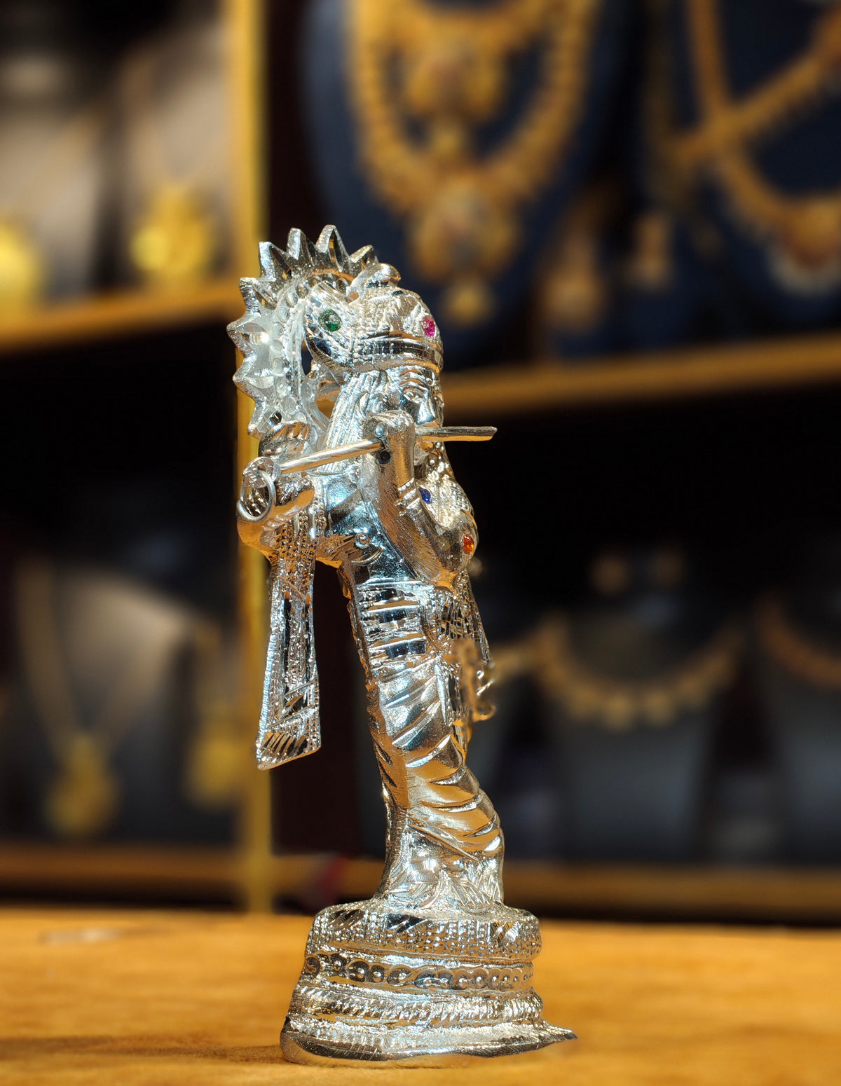 Silver-Plated Lord Krishna Idol with Flute & Colored Stone Embellishments