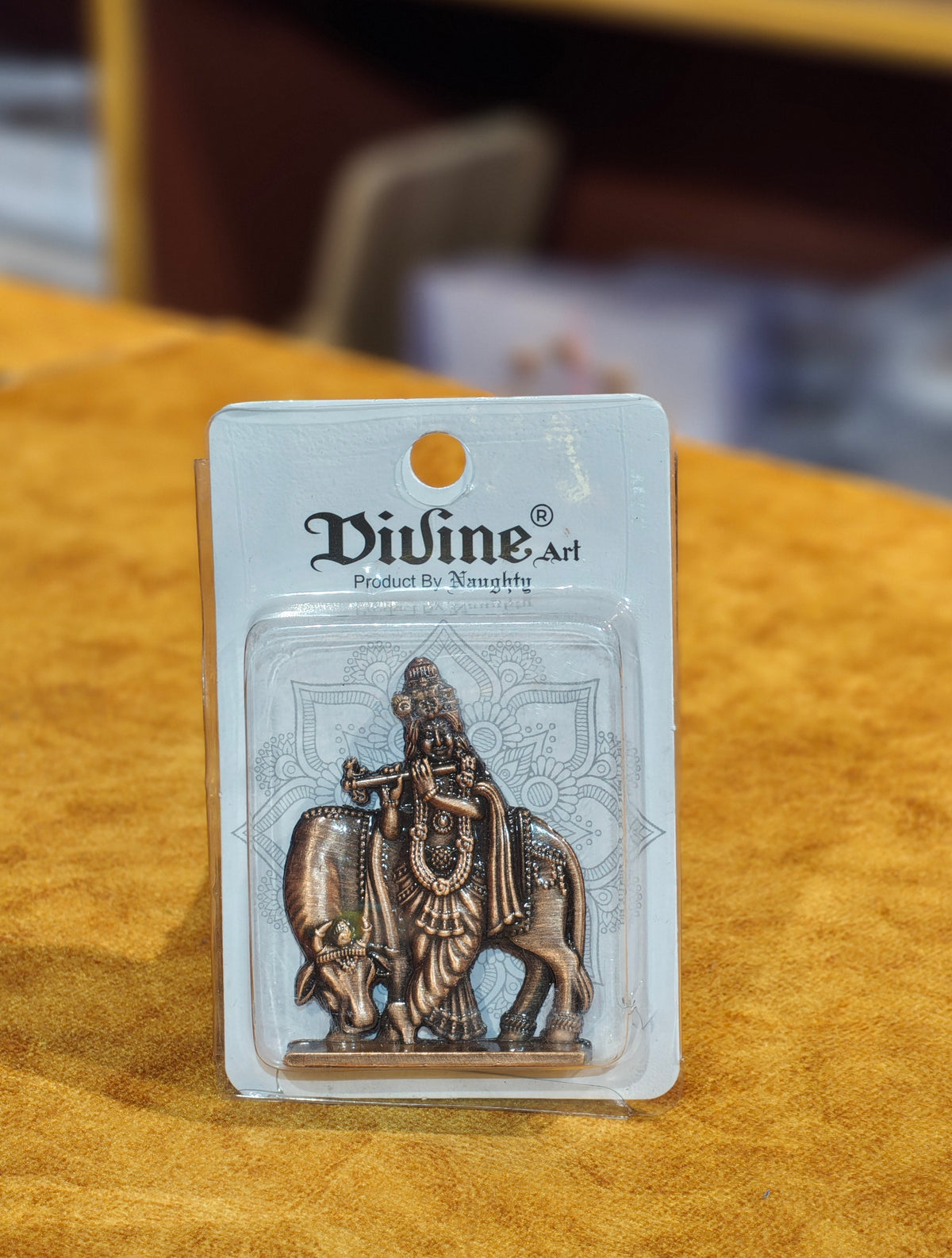 Divine Art Lord Krishna with Kamadhenu Cow Idol – Antique Copper Finish Car Dashboard & Mandir Statue