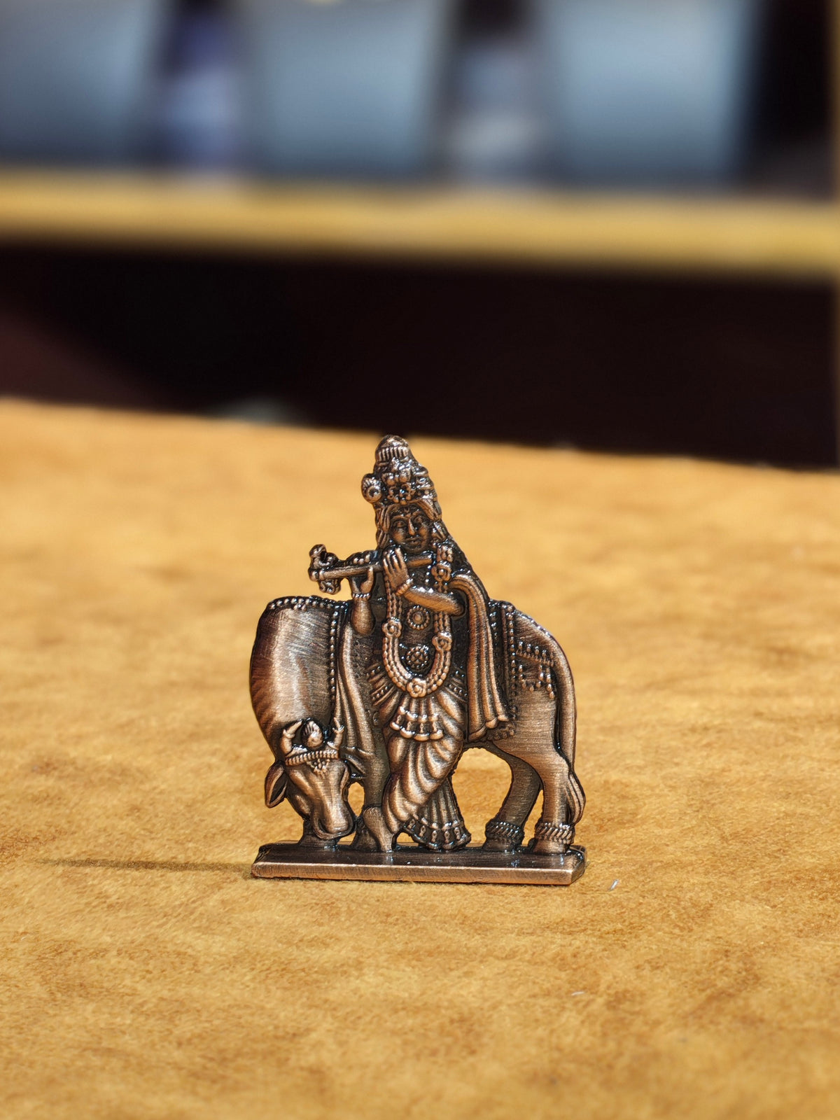 Divine Art Lord Krishna with Kamadhenu Cow Idol – Antique Copper Finish Car Dashboard & Mandir Statue