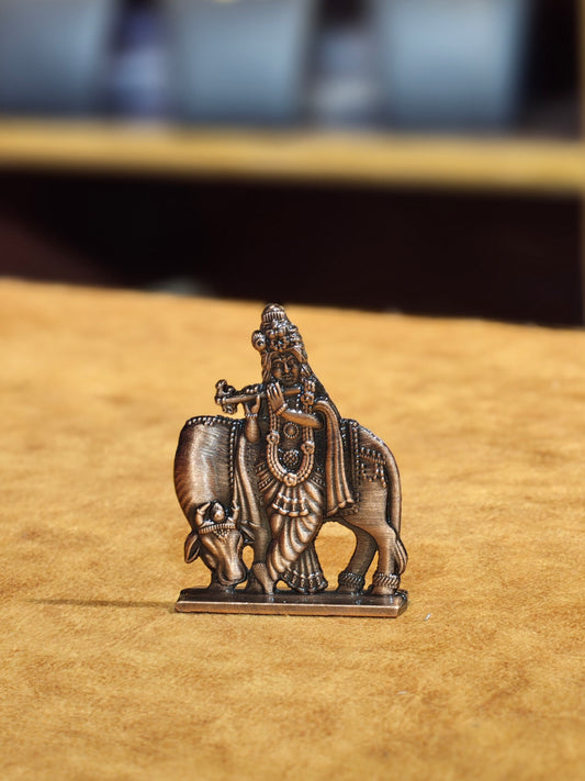 Divine Art Lord Krishna with Kamadhenu Cow Idol – Antique Copper Finish Car Dashboard & Mandir Statue