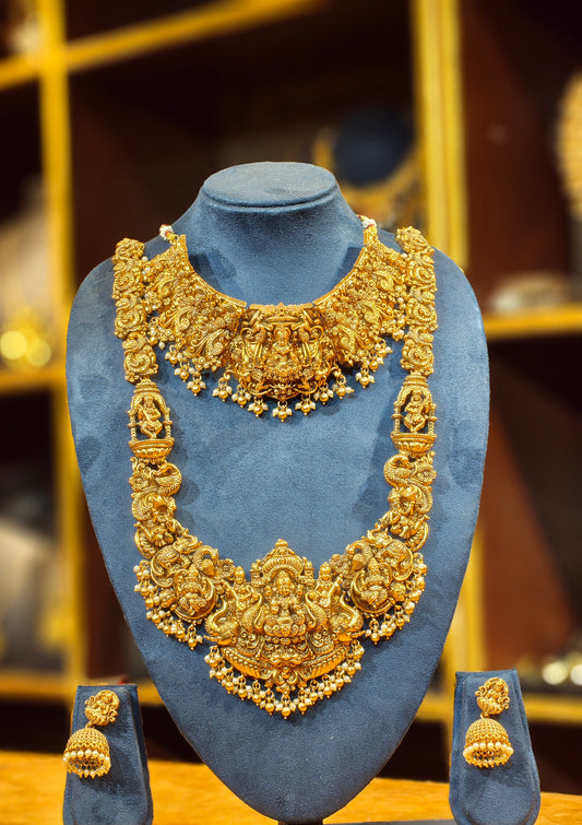 Royal Antique Gold South Indian Temple Bridal Jewelry Set – Lakshmi Choker, Grand Long Haram & Matching Jhumkas