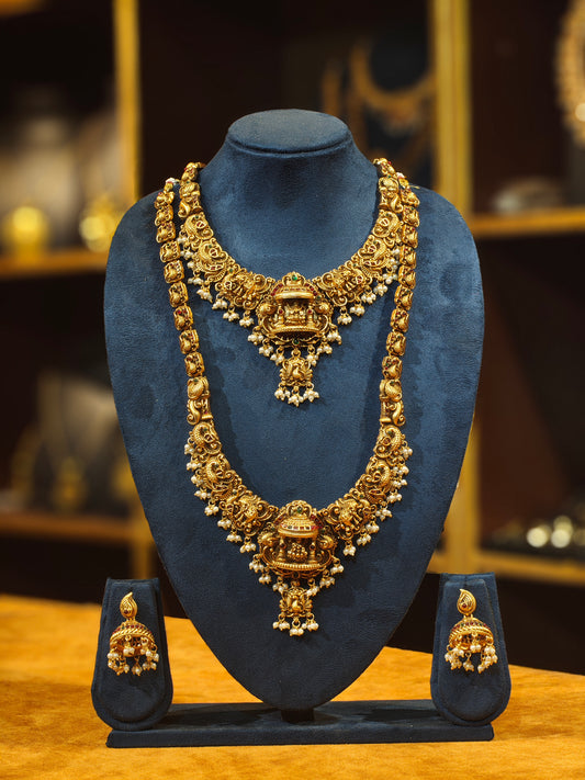 Antique Matte Gold Temple Mandapam Bridal Jewelry Set – Lakshmi Shrine Choker, Long Haram & Pearl Drop Jhumkas