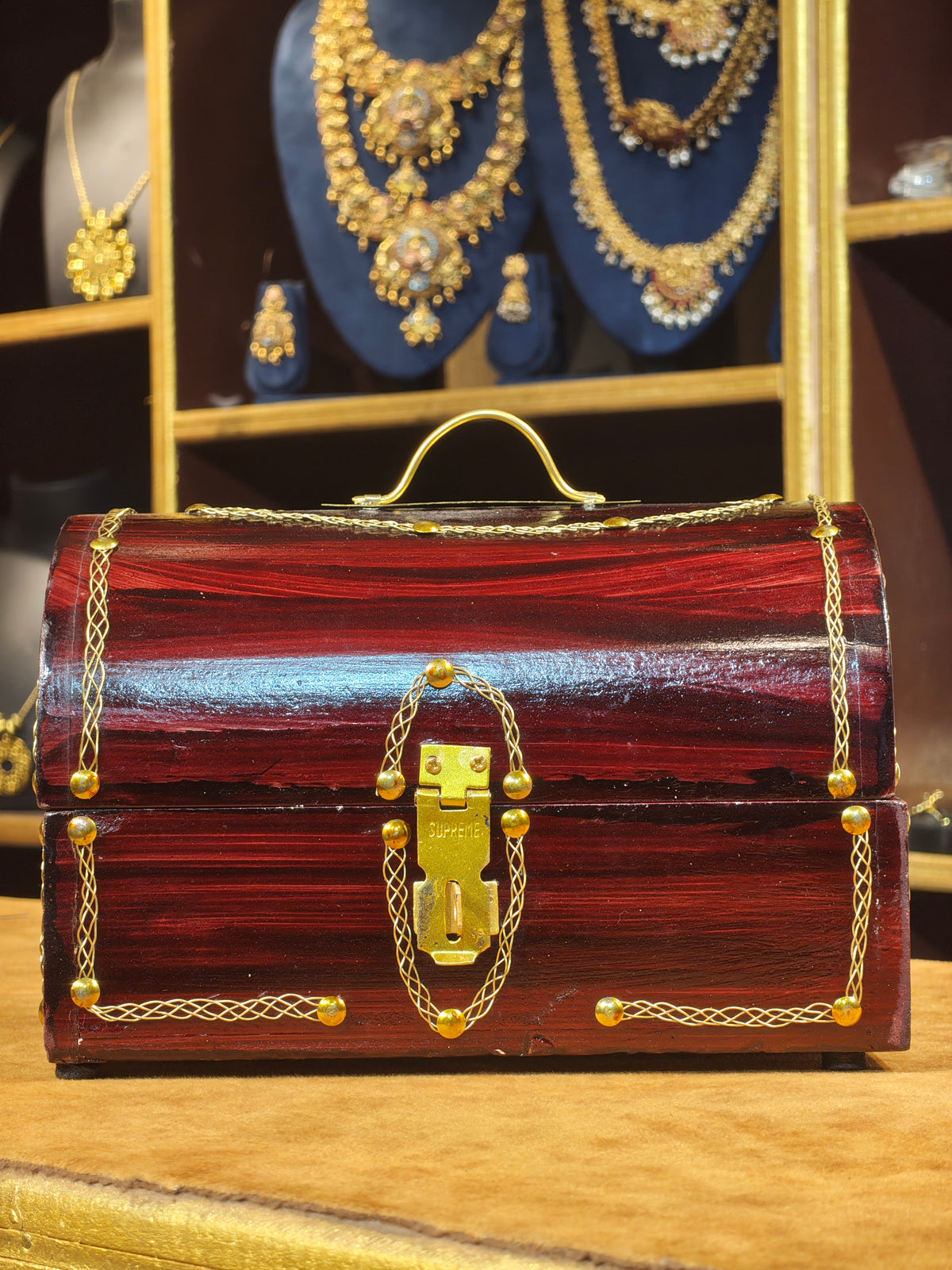 Handcrafted Vintage Wooden Treasure Chest Jewelry Box – Dome-Lid Keepsake Box with Brass Wire Inlay & Crimson Velvet Lining