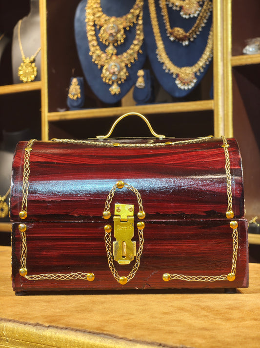 Handcrafted Vintage Wooden Treasure Chest Jewelry Box – Dome-Lid Keepsake Box with Brass Wire Inlay & Crimson Velvet Lining
