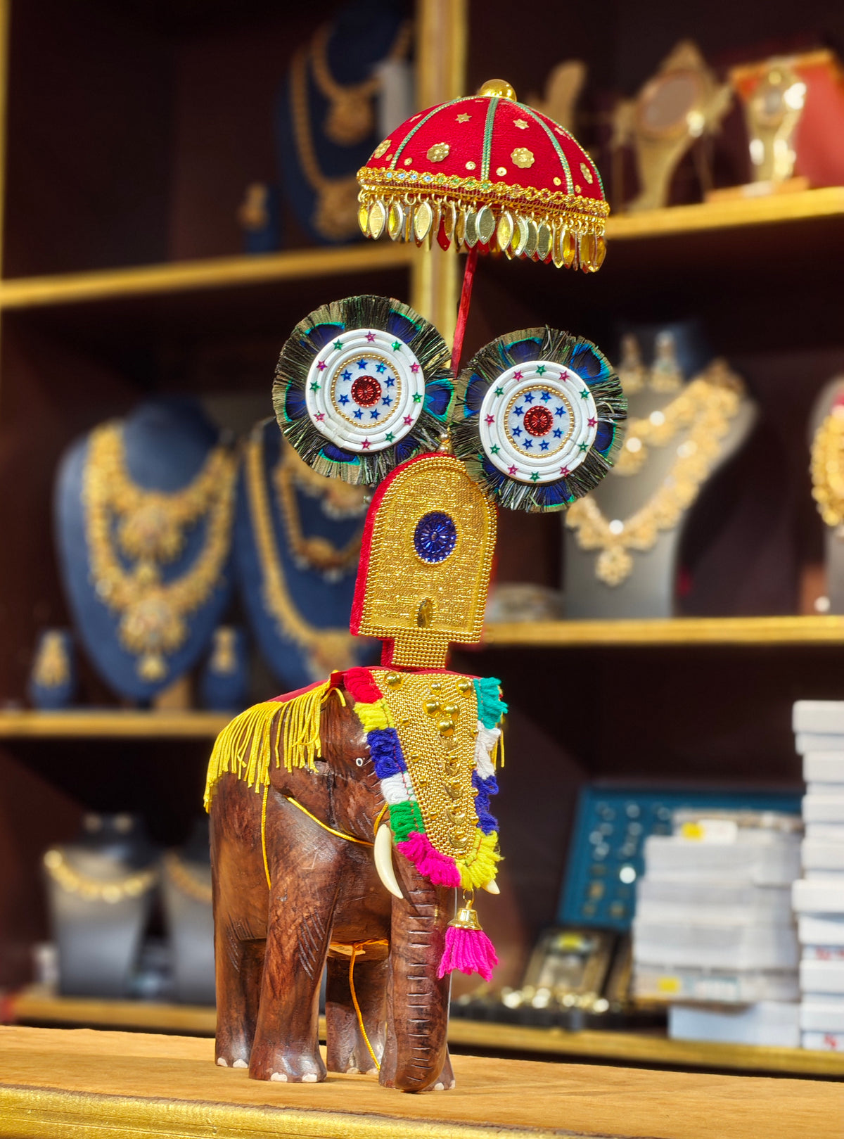 Handcrafted Kerala Thrissur Pooram Caparisoned Wooden Elephant – Decorated Festival Elephant with Nettipattam, Muthukkuda & Aalavattam Showpiece