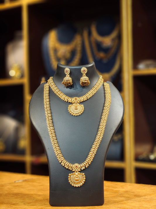 Antique Matte Gold Temple Bridal Jewelry Set – Lakshmi Sunburst Medallion Short Necklace, Long Haram & Bell Jhumkas