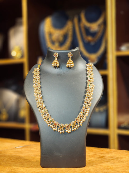Delicate Antique Matte Gold Floral Guttapusalu Long Haram – Kemp & CZ Studded Garland Necklace with Matching Pearl Jhumkas