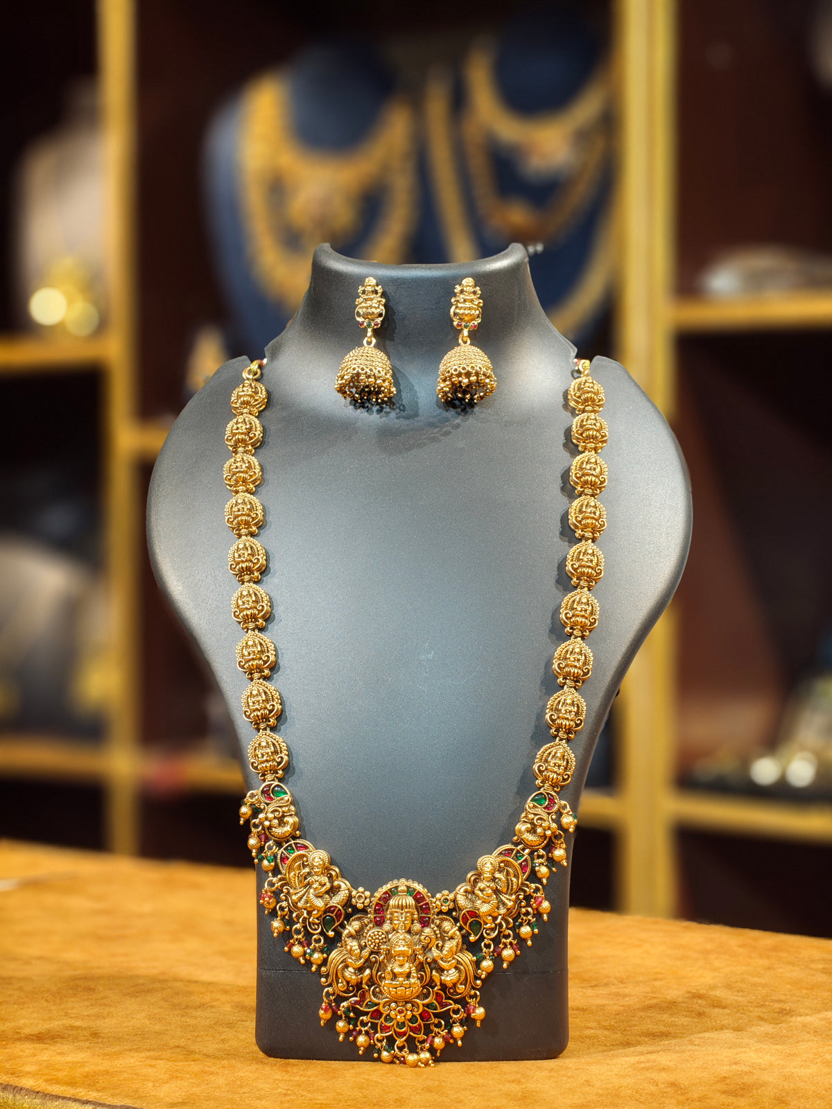 Antique Matte Gold Nakshi Temple Long Haram with Matching Jhumkas – Goddess Lakshmi Medallion Chain & Kemp Grand Master Pendant