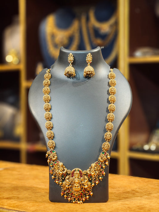 Antique Matte Gold Nakshi Temple Long Haram with Matching Jhumkas – Goddess Lakshmi Medallion Chain & Kemp Grand Master Pendant