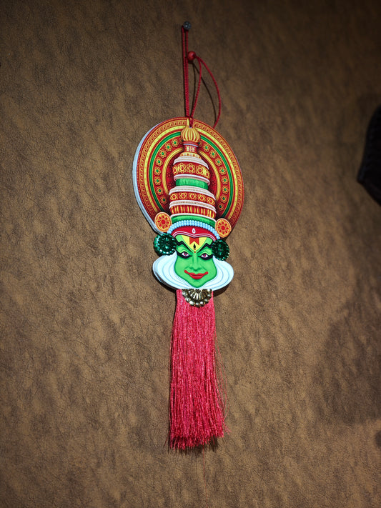 Handcrafted Kerala Kathakali Face Wall & Door Hanging with Crimson Silk Tassel – Traditional Paccha Character Classical Dance Cultural Art Decor