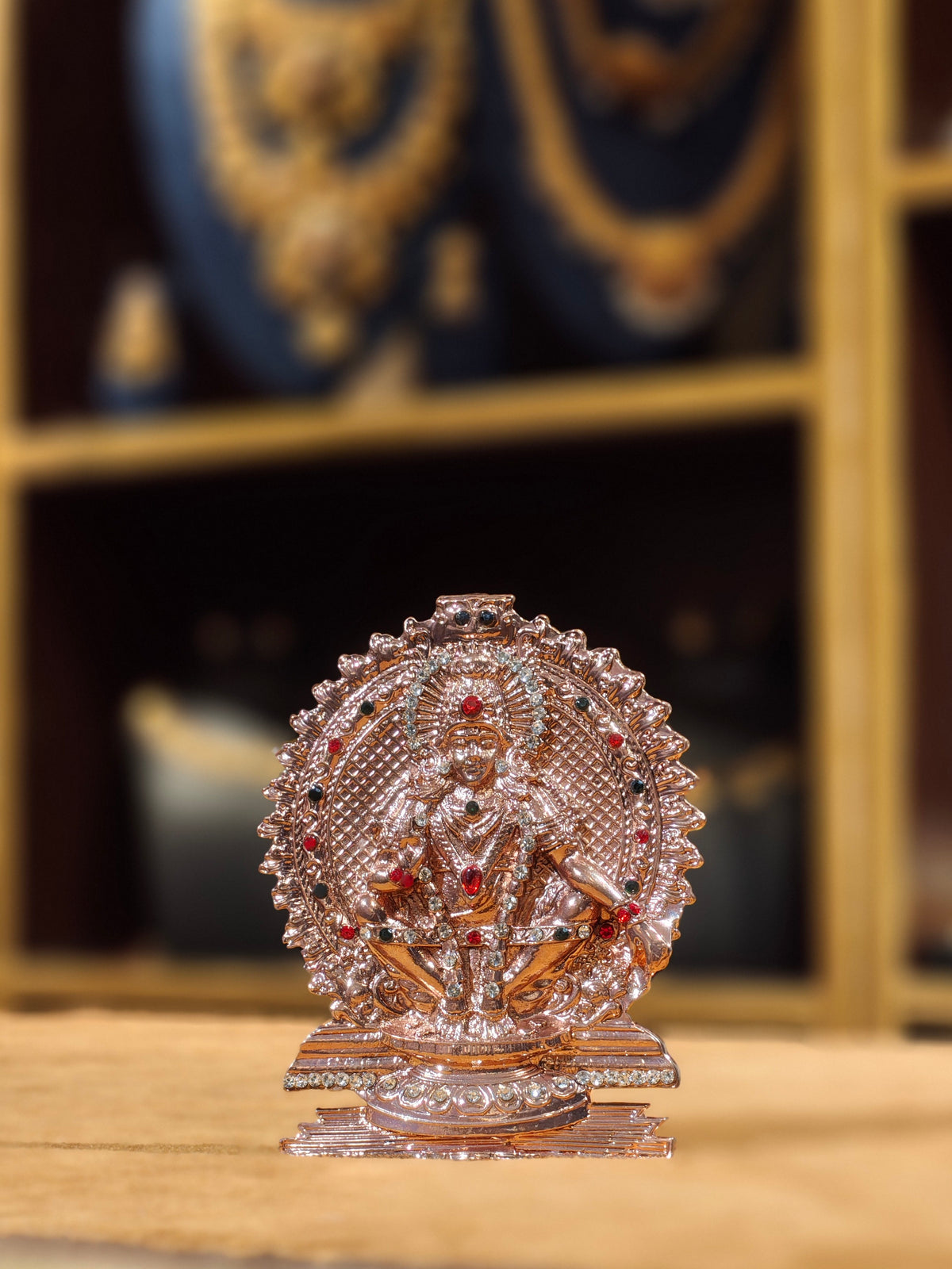 Kulin Rose Gold Lord Ayyappa Swami Car Dashboard Idol – Stone-Studded Prabhavali Manikandan Statue with Double-Sided Adhesive