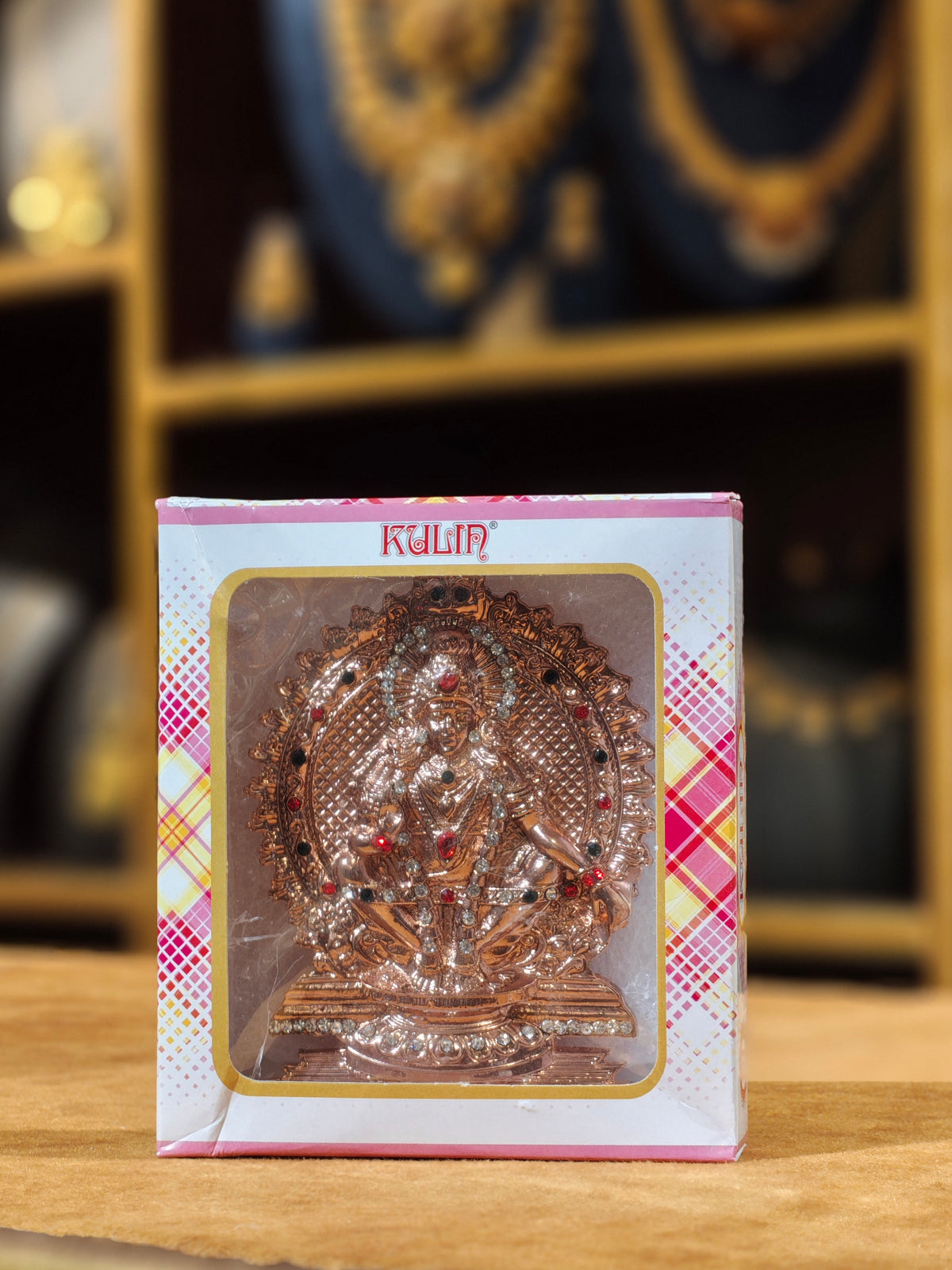 Kulin Rose Gold Lord Ayyappa Swami Car Dashboard Idol – Stone-Studded Prabhavali Manikandan Statue with Double-Sided Adhesive
